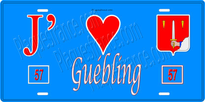 Plaque métal décorative 15 x 30 cm fond bleu 57 J' ❤️ Guebling, canton du Saulnois Moselle 57