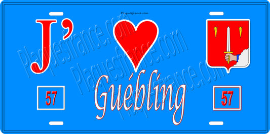 Plaque métal décorative 15 x 30 cm fond bleu 57 J' ❤️ Guebling, canton du Saulnois Moselle 57