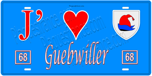 Plaque métal décorative, J' ❤️Guebwiller, Haut Rhin, fond  mur bleu 68