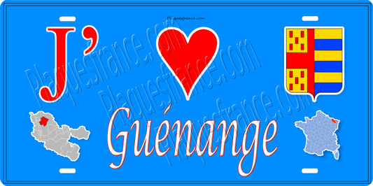 Plaque métal décorative 15 x 30 cm fond mur bleu carte J' ❤️ Guénange, canton Metzervisse Moselle 57