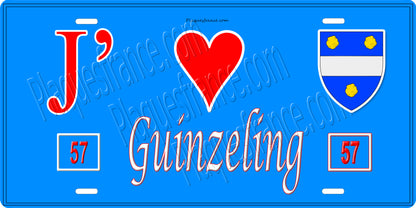 Plaque métal décorative 15 x 30 cm fond bleu 57 J' ❤️ Guinzeling, canton du Saulnois Moselle 57