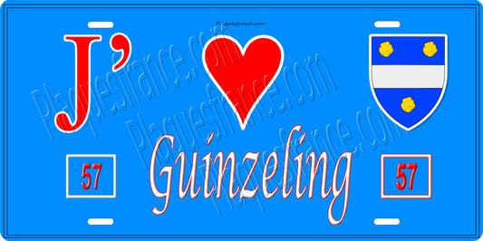 Plaque métal décorative 15 x 30 cm fond bleu 57 J' ❤️ Guinzeling, canton du Saulnois Moselle 57