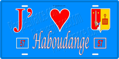 Plaque métal décorative 15 x 30 cm fond bleu 57 J' ❤️ Haboudange, canton du Saulnois Moselle 57