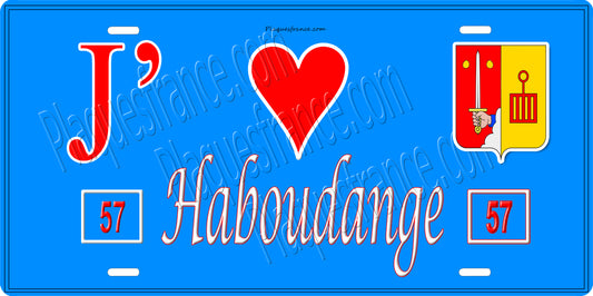 Plaque métal décorative 15 x 30 cm fond bleu 57 J' ❤️ Haboudange, canton du Saulnois Moselle 57