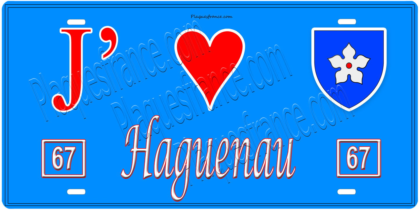 Plaque métal décorative, J' ❤️Haguenau, Bas Rhin, fond  mur bleu 67