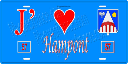Plaque métal décorative 15 x 30 cm fond bleu 57 J' ❤️ Hampont, canton du Saulnois Moselle 57