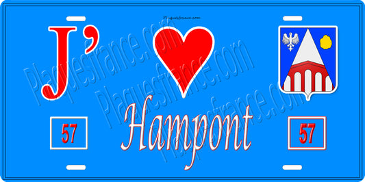 Plaque métal décorative 15 x 30 cm fond bleu 57 J' ❤️ Hampont, canton du Saulnois Moselle 57