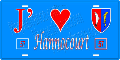Plaque métal décorative 15 x 30 cm fond bleu 57 J' ❤️ Hannocourt, canton du Saulnois Moselle 57