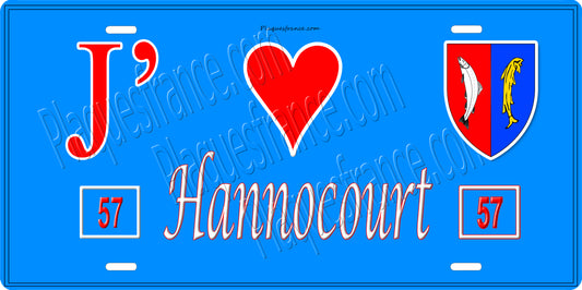 Plaque métal décorative 15 x 30 cm fond bleu 57 J' ❤️ Hannocourt, canton du Saulnois Moselle 57