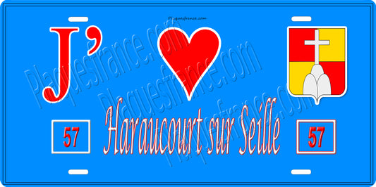 Plaque métal décorative 15 x 30 cm fond bleu 57 J' ❤️ Haraucourt sur Seille, canton du Saulnois Moselle 57