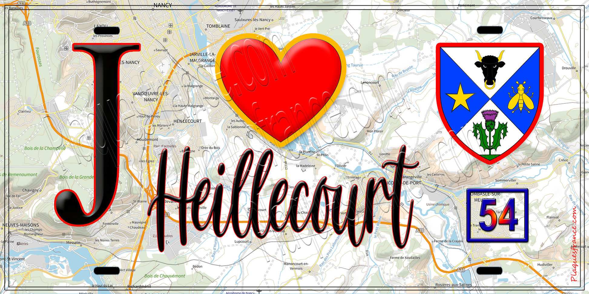 Plaque métal décorative  J' ❤️ Heillecourt, Meurthe et Moselle (54)
