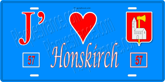 Plaque métal décorative 15 x 30 cm fond bleu 57 J' ❤️ Honskirch, canton du Saulnois Moselle 57