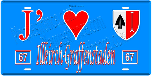 Plaque métal décorative, J' ❤️Illkirch-Graffenstaden, Bas Rhin, fond  mur bleu 67