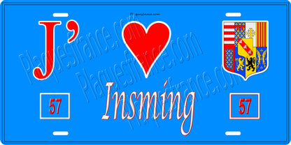 Plaque métal décorative 15 x 30 cm fond bleu 57 J' ❤️ Insming, canton du Saulnois Moselle 57
