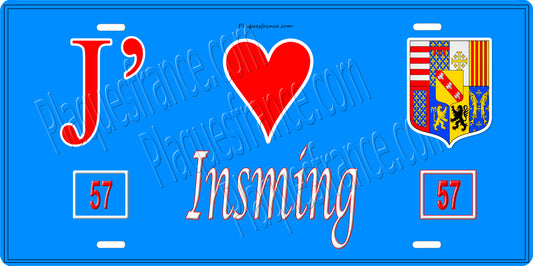 Plaque métal décorative 15 x 30 cm fond bleu 57 J' ❤️ Insming, canton du Saulnois Moselle 57