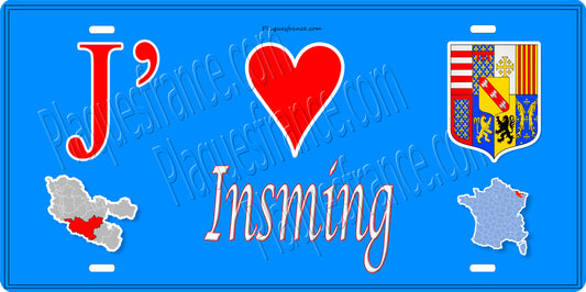 Plaque métal décorative 15 x 30 cm fond bleu carte J' ❤️ Insming, canton du Saulnois Moselle 57