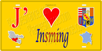 Plaque métal décorative 15 x 30 cm fond jaune carte J'❤️ Insming, canton du Saulnois Moselle 57