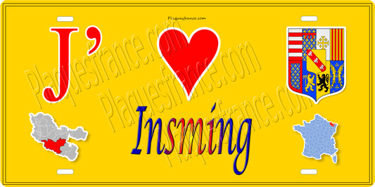 Plaque métal décorative 15 x 30 cm fond jaune carte J'❤️ Insming, canton du Saulnois Moselle 57