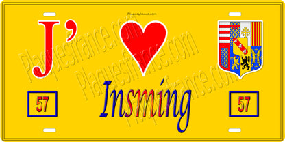 Plaque métal décorative 15 x 30 cm fond jaune 57 J'❤️ Insming, canton du Saulnois Moselle 57