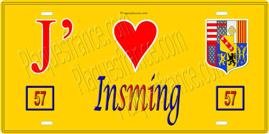 Plaque métal décorative 15 x 30 cm fond jaune 57 J'❤️ Insming, canton du Saulnois Moselle 57