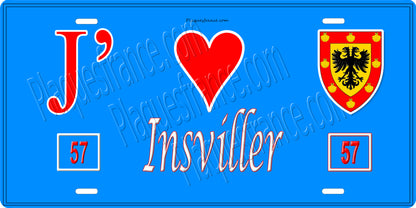 Plaque métal décorative 15 x 30 cm fond bleu 57 J' ❤️ Insviller, canton du Saulnois Moselle 57