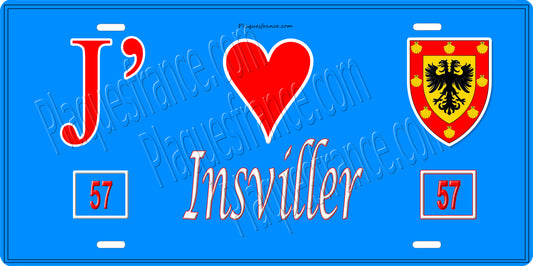 Plaque métal décorative 15 x 30 cm fond bleu 57 J' ❤️ Insviller, canton du Saulnois Moselle 57