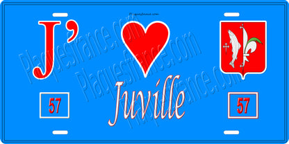Plaque métal décorative 15 x 30 cm fond bleu 57 J' ❤️Juville, canton du Saulnois Moselle 57