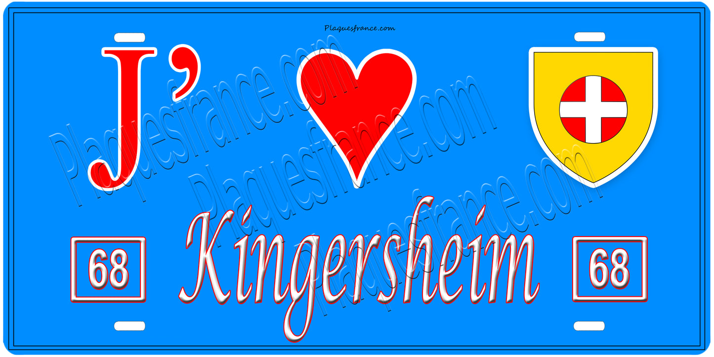Plaque métal décorative, J' ❤️Kingersheim, Haut Rhin, fond  mur bleu 68