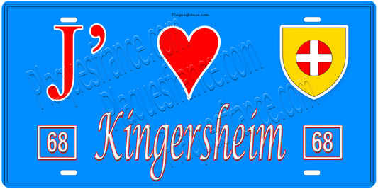 Plaque métal décorative, J' ❤️Kingersheim, Haut Rhin, fond  mur bleu 68