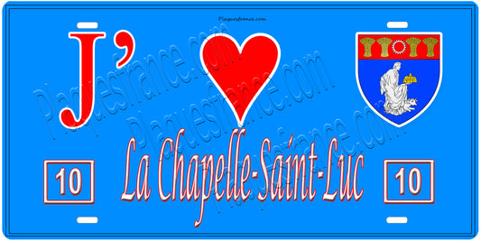 Plaque métal décorative, J' ❤️La Chapelle-Saint-Luc, Aube, fond  mur bleu 10