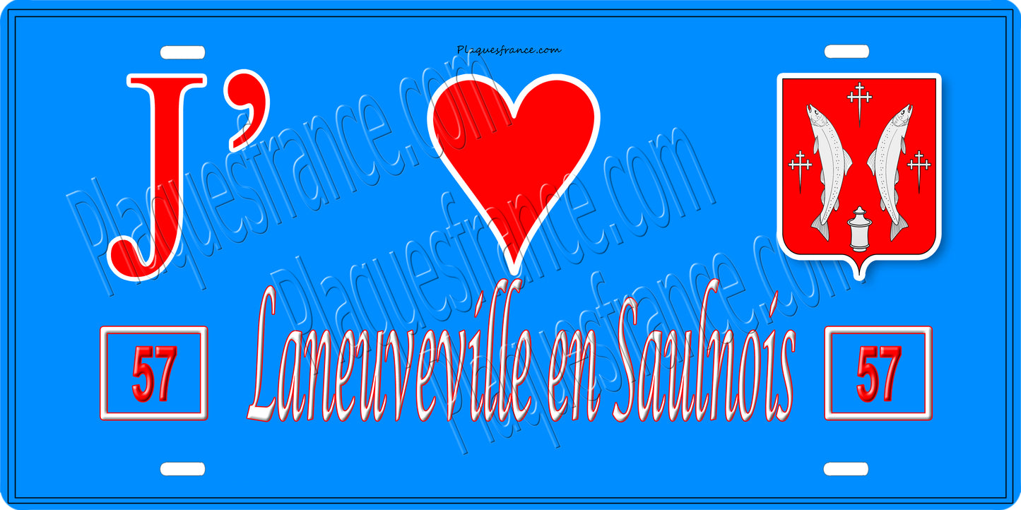 Plaque métal décorative 15 x 30 cm fond bleu 57 J' ❤️Laneuveville en Saulnois, canton du Saulnois Moselle 57
