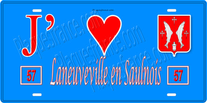Plaque métal décorative 15 x 30 cm fond bleu 57 J' ❤️Laneuveville en Saulnois, canton du Saulnois Moselle 57