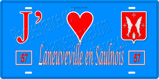 Plaque métal décorative 15 x 30 cm fond bleu 57 J' ❤️Laneuveville en Saulnois, canton du Saulnois Moselle 57