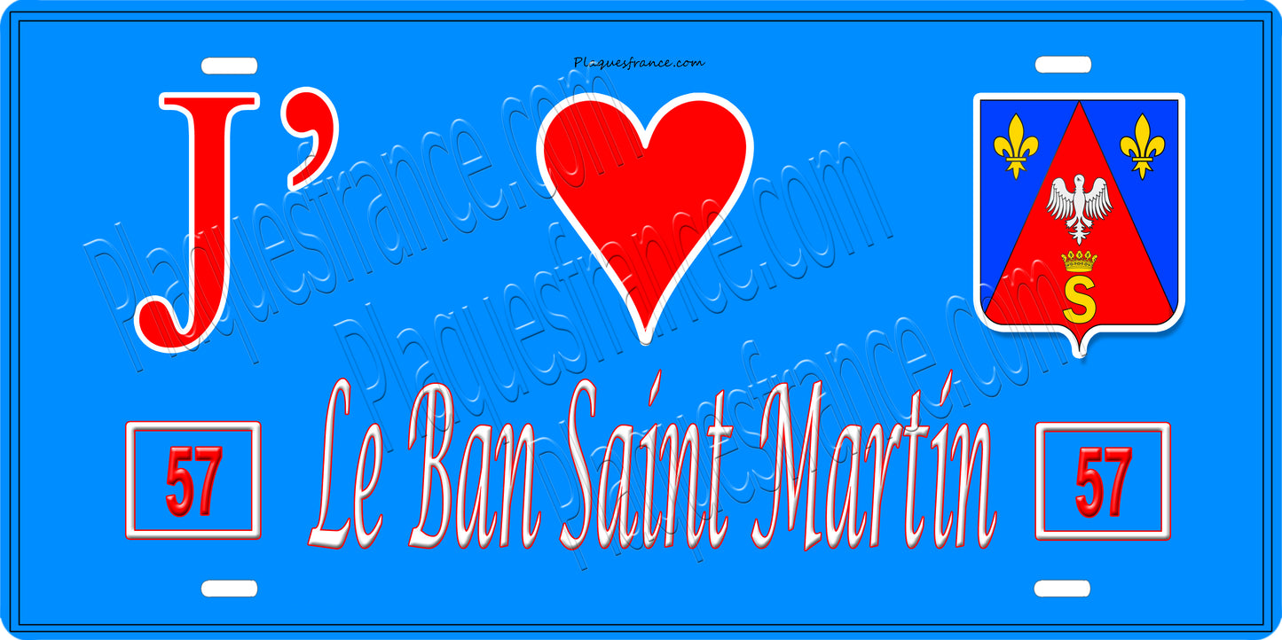 Plaque métal décorative 15 x 30 cm fond  mur bleu 57 J' ❤️Le Ban Saint Martin, canton de Montigny-lès-Metz Moselle 57
