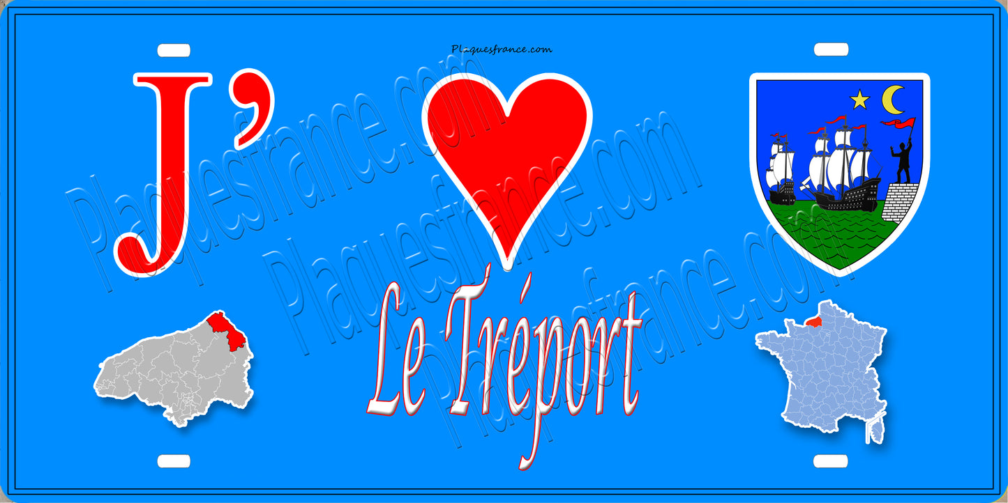 Plaque métal décorative  J' ❤️ Le Tréport, Seine Maritime (76) bleu carte