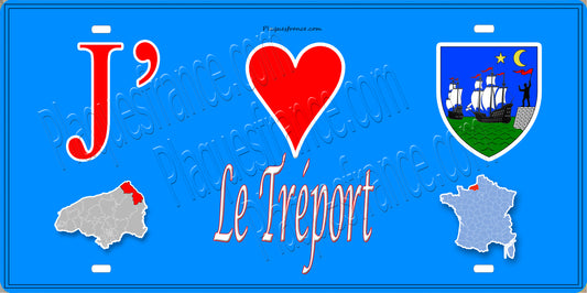 Plaque métal décorative  J' ❤️ Le Tréport, Seine Maritime (76) bleu carte