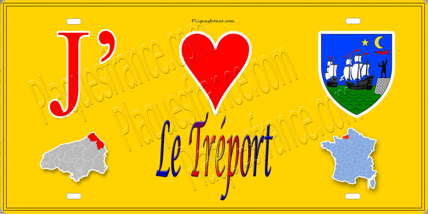 Plaque métal décorative  J' ❤️ Le Tréport, Seine Maritime (76) jaune carte