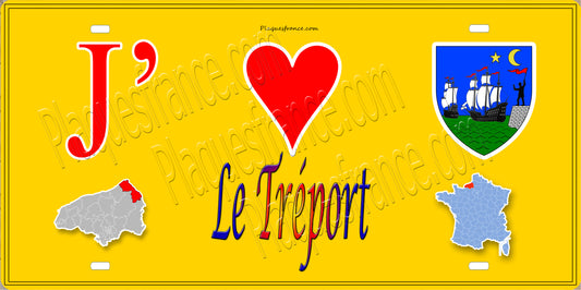 Plaque métal décorative  J' ❤️ Le Tréport, Seine Maritime (76) jaune carte