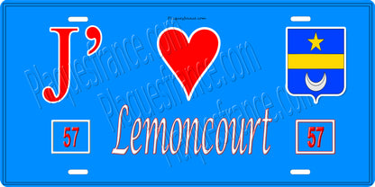 Plaque métal décorative 15 x 30 cm fond bleu 57 J' ❤️Lemoncourt, canton du Saulnois Moselle 57