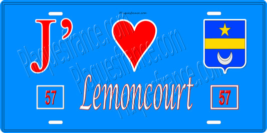 Plaque métal décorative 15 x 30 cm fond bleu 57 J' ❤️Lemoncourt, canton du Saulnois Moselle 57