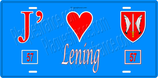 Plaque métal décorative 15 x 30 cm fond bleu 57 J' ❤️Lening, canton du Saulnois Moselle 57
