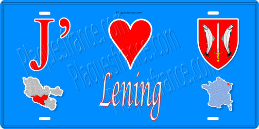 Plaque métal décorative 15 x 30 cm fond bleu carte J' ❤️ Léning, canton du Saulnois Moselle 57