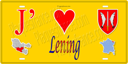 Plaque métal décorative 15 x 30 cm fond jaune carte J' ❤️ Léning, canton du Saulnois Moselle 57