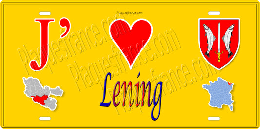 Plaque métal décorative 15 x 30 cm fond jaune carte J' ❤️ Léning, canton du Saulnois Moselle 57