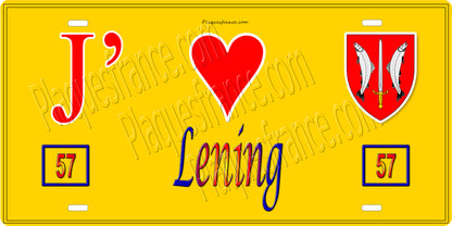 Plaque métal décorative 15 x 30 cm fond jaune 57 J' ❤️ Léning, canton du Saulnois Moselle 57