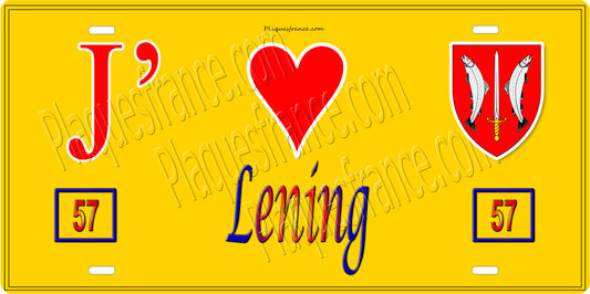 Plaque métal décorative 15 x 30 cm fond jaune 57 J' ❤️ Léning, canton du Saulnois Moselle 57