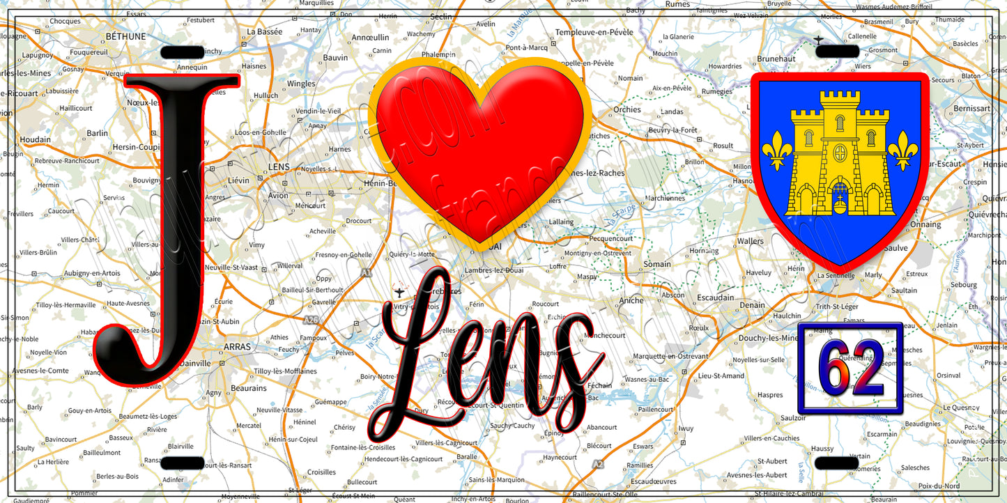 Plaque métal décorative  J' ❤️ Lens, Pas de Calais (62)