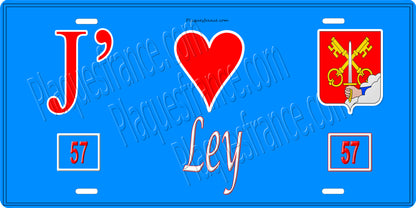 Plaque métal décorative 15 x 30 cm fond bleu 57 J' ❤️Ley, canton du Saulnois Moselle 57