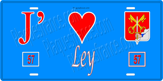 Plaque métal décorative 15 x 30 cm fond bleu 57 J' ❤️Ley, canton du Saulnois Moselle 57