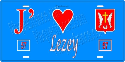 Plaque métal décorative 15 x 30 cm fond bleu 57 J' ❤️Lezey, canton du Saulnois Moselle 57